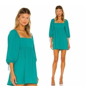 Amanda Uprichard Darling Mini Babydoll Dress Puff Sleeve Atlantis Teal Milkmaid